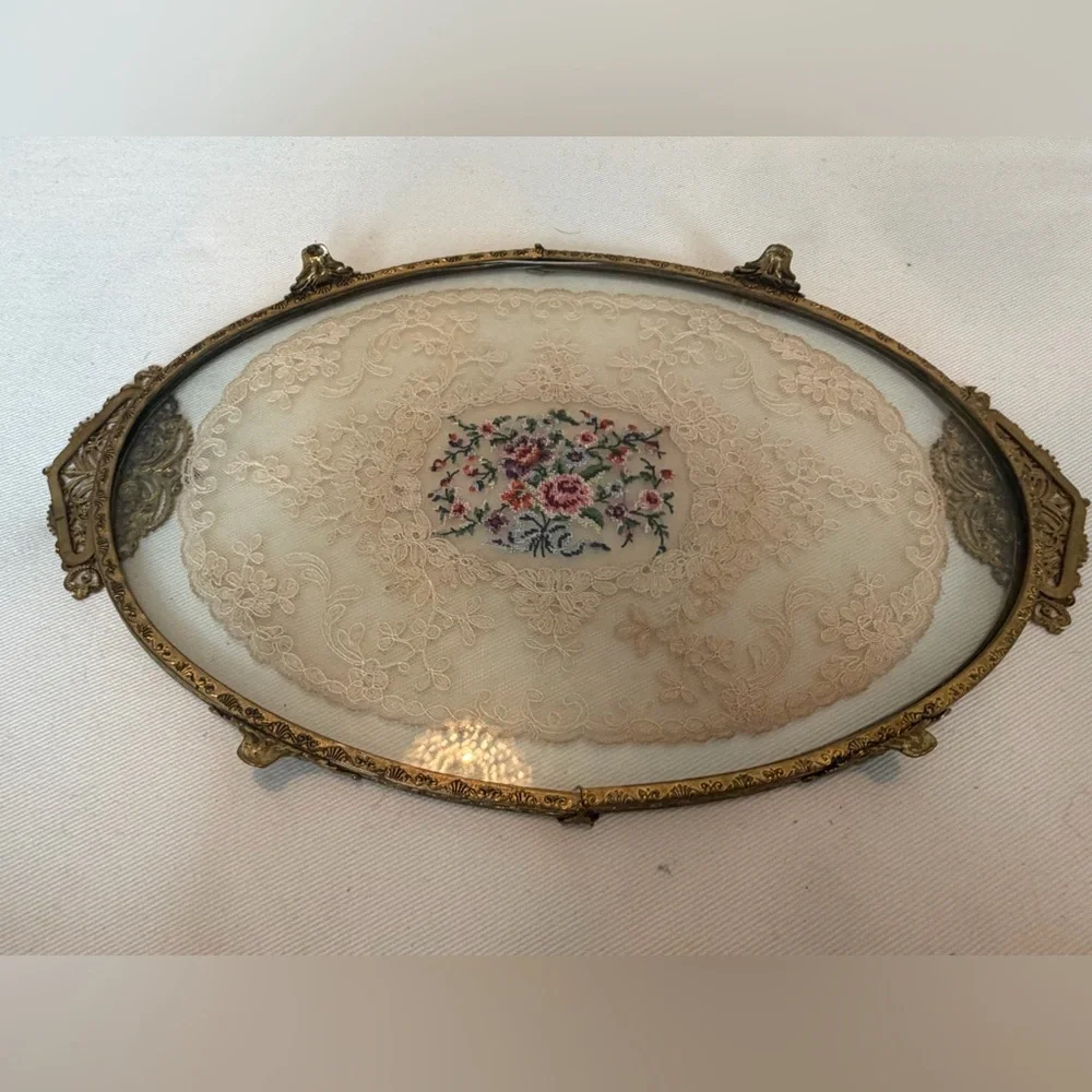 Vintage or Antique Victorian Tray Brass Oval Lace-Trim Tray Floral Embroidery
